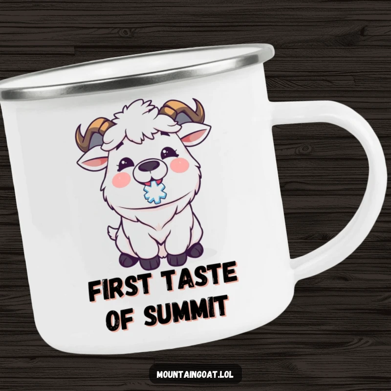 Funny Kawaii mountain goat delightedly catching a snowflake on its tongue, perfect for outdoor adventures. A durable and humorous camping mug.