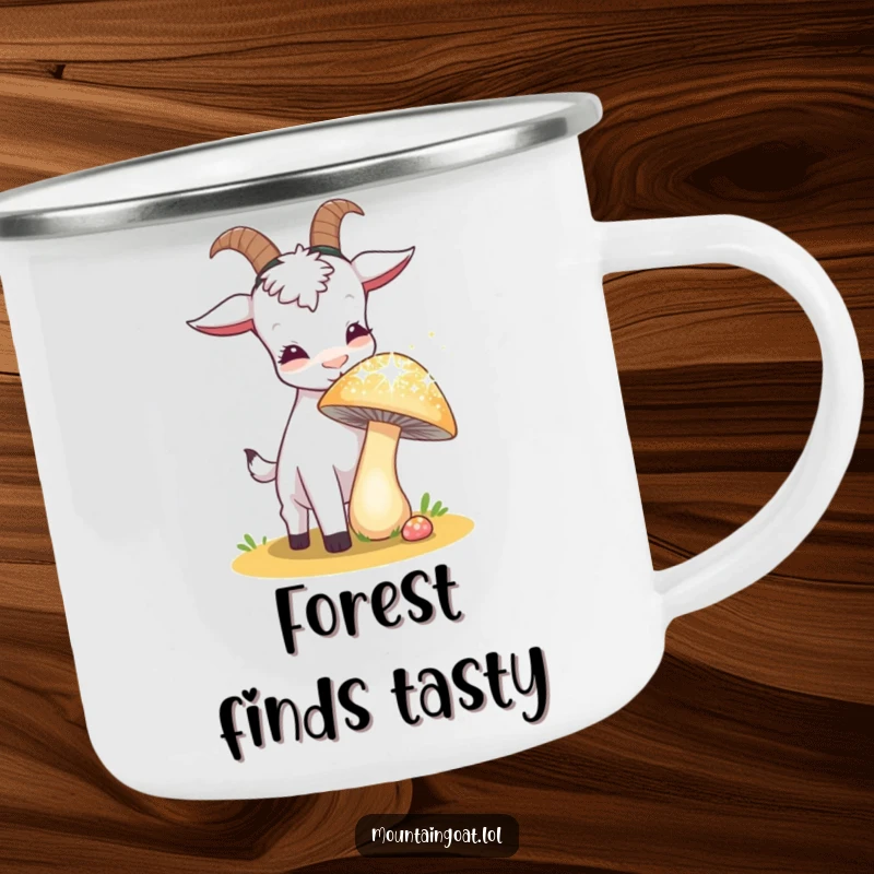 Funny curious goat sniffing a sparkling, oversized mushroom on a camping mug, bringing whimsical charm to outdoor beverages.',