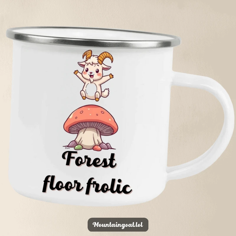 Funny mountain goat camping mug depicting a joyful character bouncing on a mushroom, perfect for outdoor enthusiasts with a sense of humor.