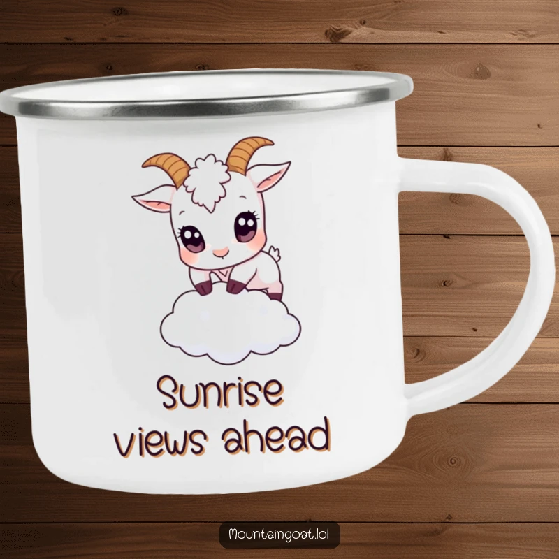 Funny small goat with oversized eyes leaping over a tiny cloud on a camping mug, bringing whimsical charm to outdoor beverages.',