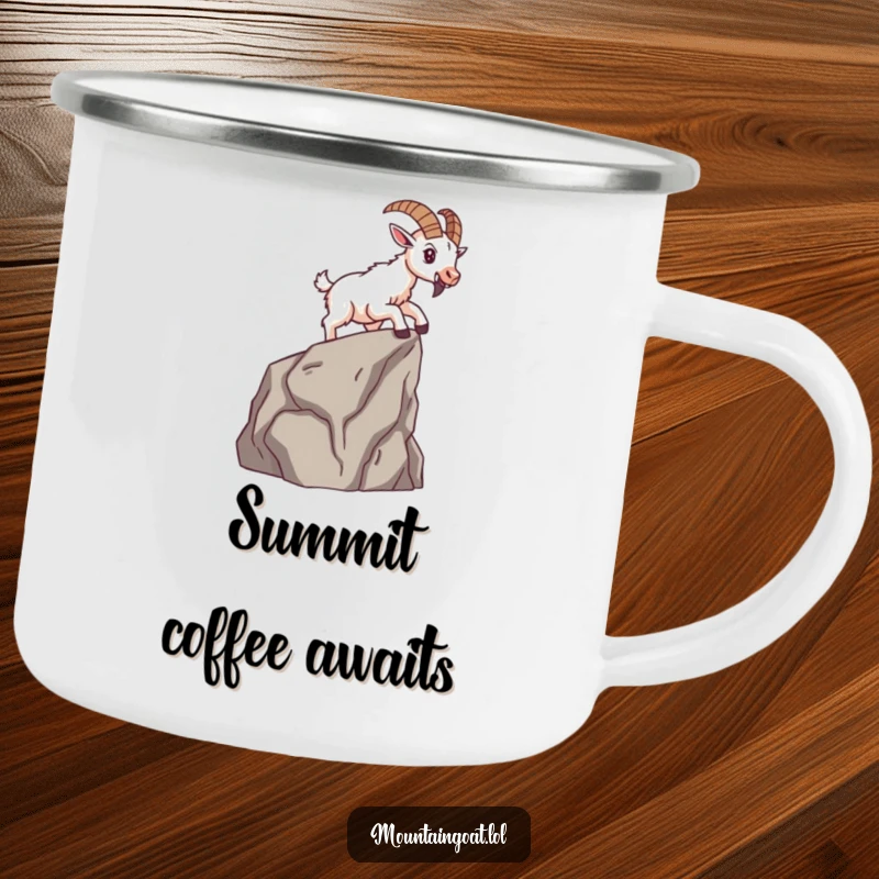 Funny brave mountain goat scaling a small cliff face with determination, ready for adventure on a durable camping mug.