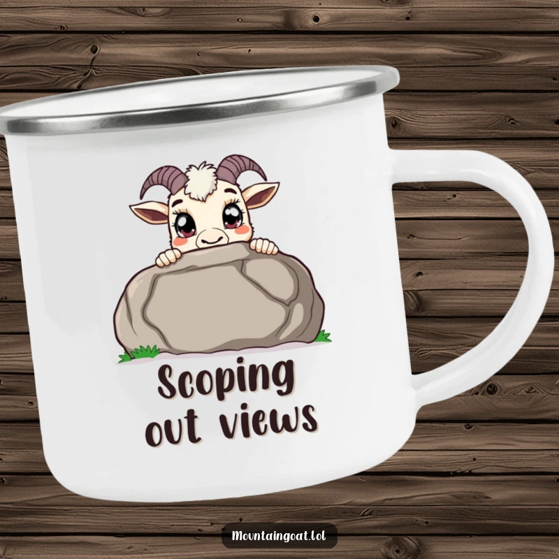 Funny curious mountain goat camping mug, peeking over a large boulder with wide pupils, a durable and humorous companion for explorations.