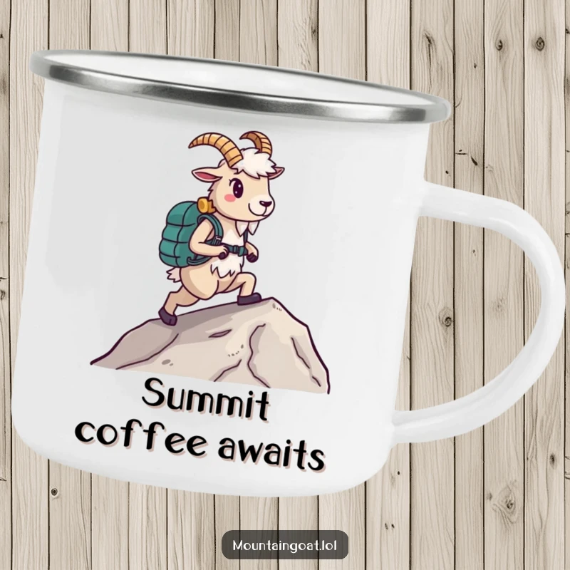 Funny Hiking Goat Camping Mug, wearing boots and climbing a slope, enamel, rugged and motivational, perfect funny gift.