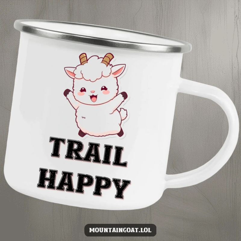 Funny camping mug with a fluffy white mountain goat with tiny horns leaping joyfully, perfect for energetic outdoor adventures and cheerful mornings.