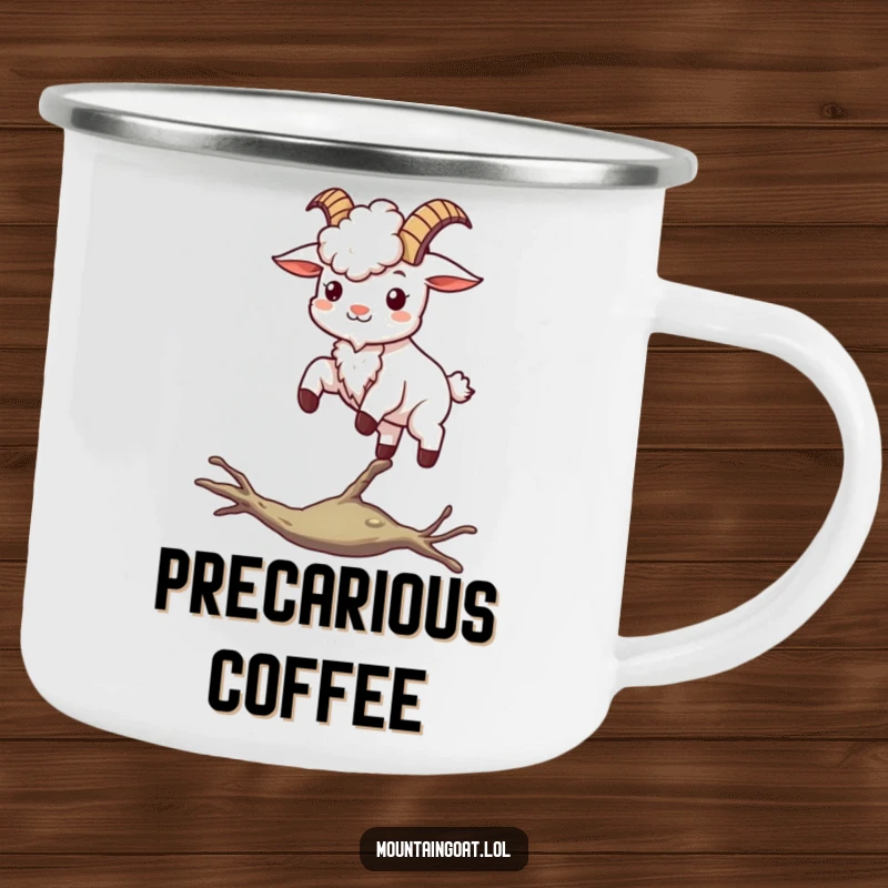 Funny kawaii mountain goat balancing on a thin branch, a symbol of calm and capability on a camping mug.