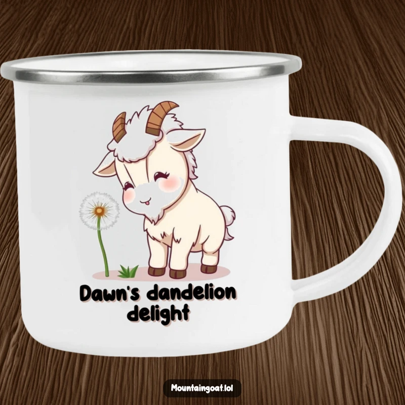 Funny Goat Dandelion Camping Mug: A kawaii goat playfully headbutting a dandelion on a mug, adding humor to outdoor adventures.