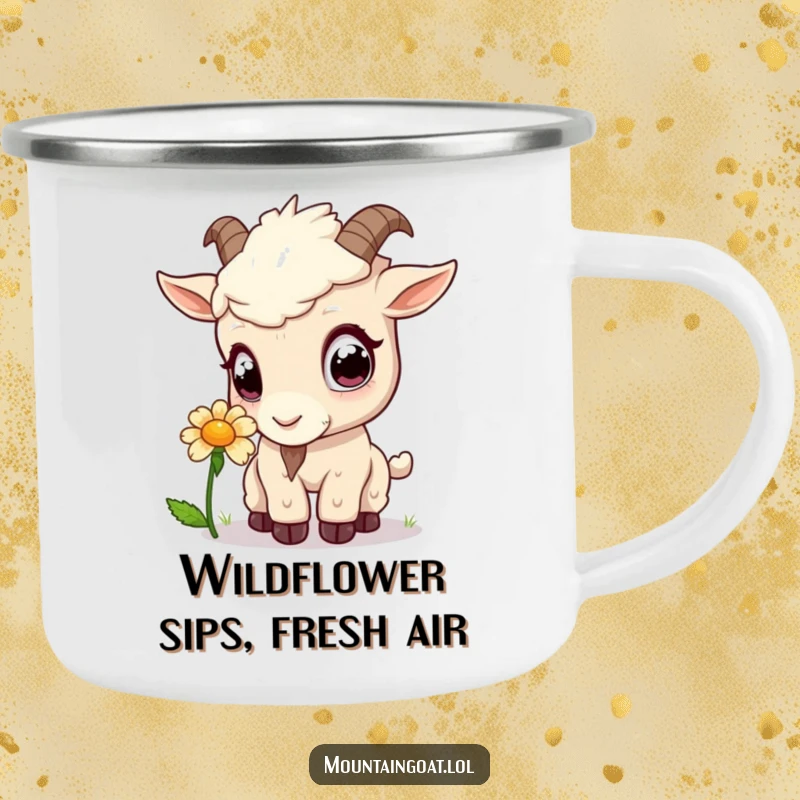 Funny kawaii mountain goat with curious eyes sniffing a flower, designed for outdoor enjoyment on a camping mug.