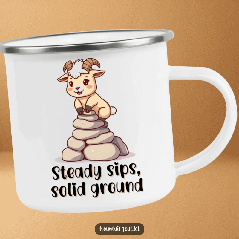 Funny kawaii mountain goat balancing a stack of rocks, designed for steady enjoyment on a camping mug.