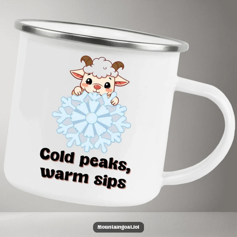 Funny Goat Snowflake Camping Mug: A kawaii goat peeking over a snowflake on a mug, adding humor to winter camping.
