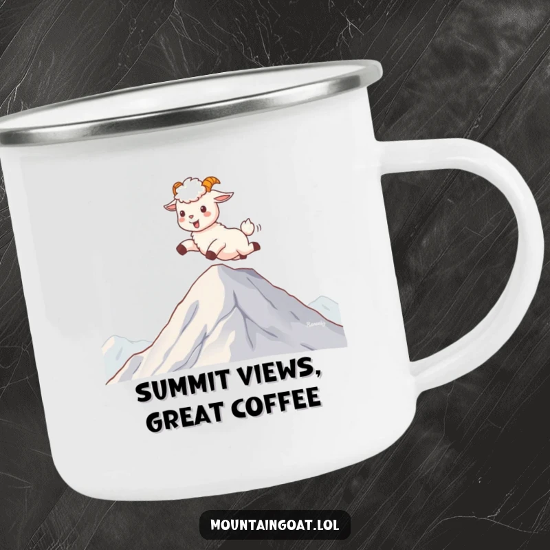 Funny kawaii mountain goat skipping on mountaintop clouds, ready for outdoor adventures on a durable camping mug.