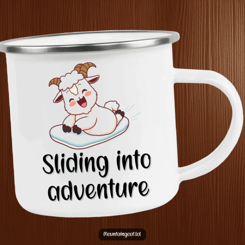 Funny Camping Mug: A mountain goat belly slides down a snowy slope, perfect for outdoor humor.