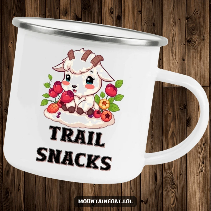 Funny mountain goat happily munching vibrant berries, nature theme, durable humorous camping mug, adventure funny gift.