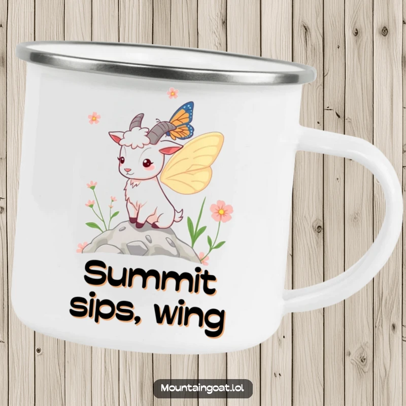Funny Camping Mug: A rugged mug showcasing a whimsical mountain goat with butterfly wings amidst mountain flora, ideal for outdoor humor.