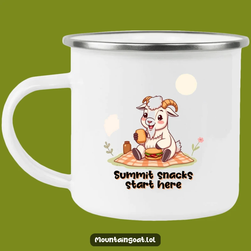 Funny Mountain Goat Camping Mug: Adorable Goat with Tiny Sandwich, Humorous Outdoor Companion
