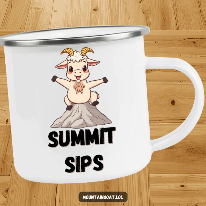 Funny camping mug featuring a happy mountain goat striking a whimsical pose on a serene peak, perfect for outdoor trips and peace.