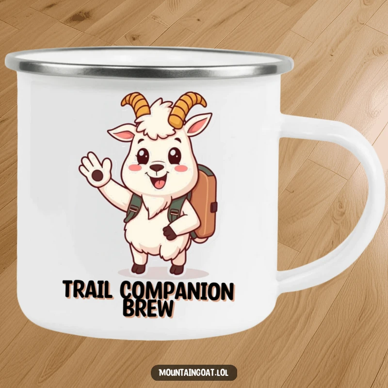 Funny mountain goat camping mug shows a cheerful goat character with a backpack, smiling and waving, perfect for friendly outdoor sips.