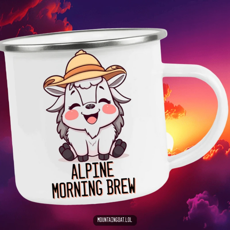 Funny mountain goat camping mug depicting a laughing character in a small hat, perfect for outdoor adventures and humorous enjoyment.