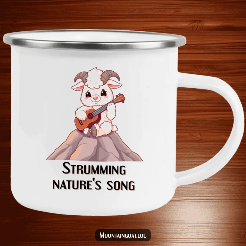 Funny fluffy mountain goat playing a ukulele on a peak, durable camping mug for musical outdoor enthusiasts.