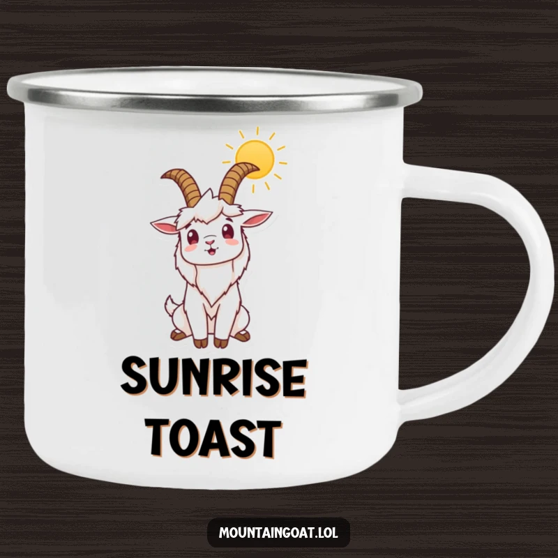 Funny camping mug showing a mountain goat stretching its horns to the sun, perfect for rugged outdoor adventures and humorous mornings.