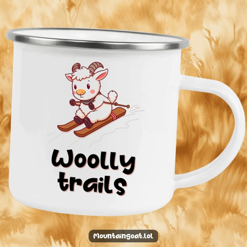 Funny playful mountain goat skiing down a yarn ski slope, on a durable camping mug for outdoor enjoyment.