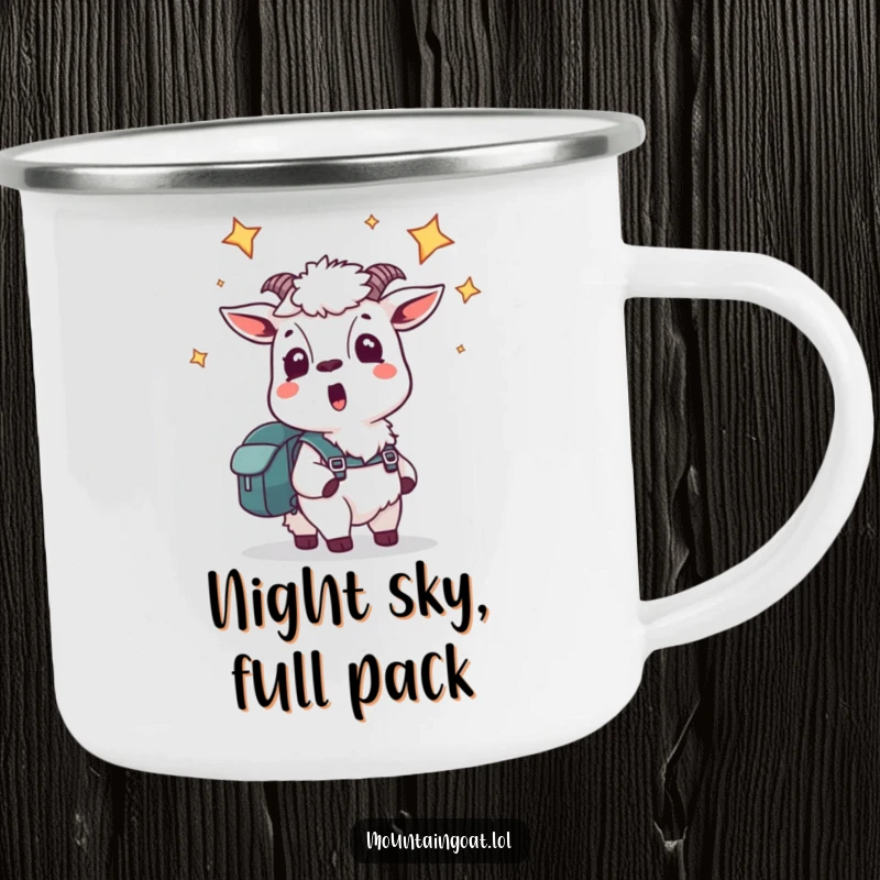 Funny camping mug with a startled mountain goat looking up at stars, adding cosmic humor to outdoor adventures.
