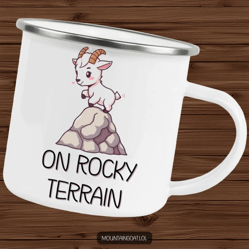 Funny tiny mountain goat camping mug, balancing expertly on a single rock, a durable and humorous companion for adventures.