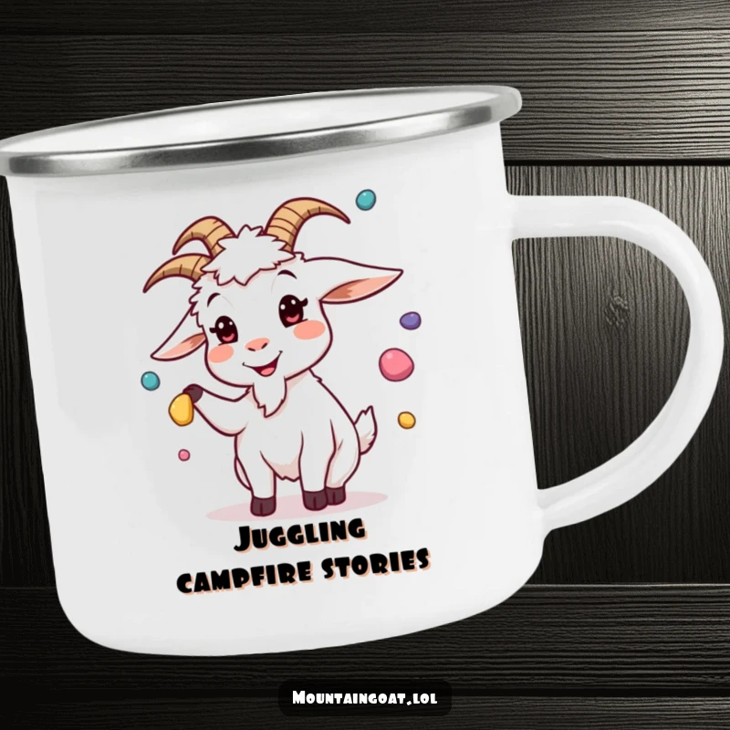 Funny and sturdy camping mug with a goat juggling pebbles with a silly expression, perfect for enjoying drinks outdoors with humor.