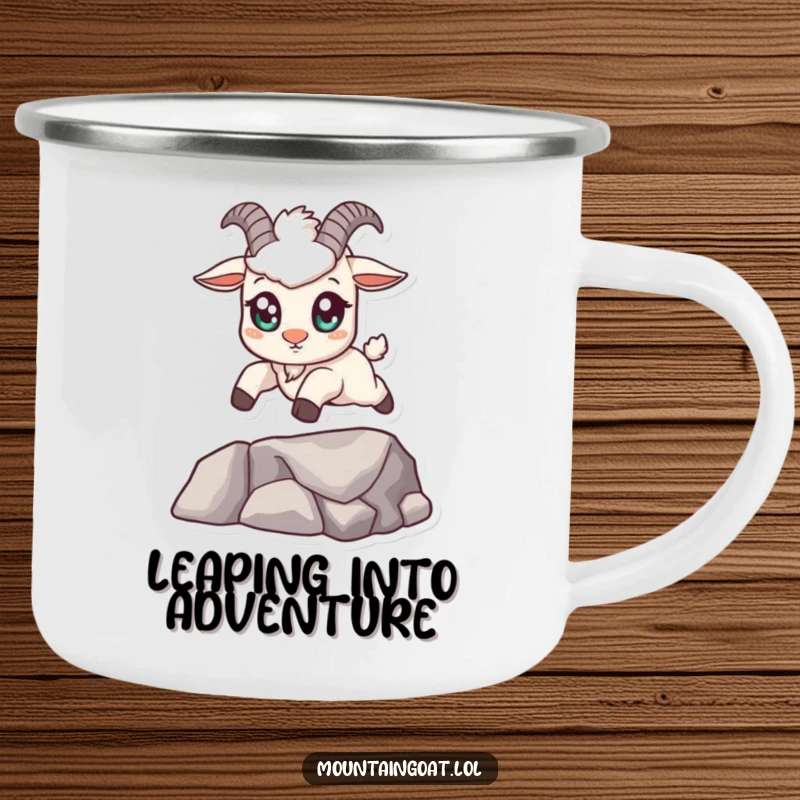 Funny kawaii mountain goat camping mug with big eyes, confidently leaping across a small gap, a durable and humorous companion for outdoor adventures.