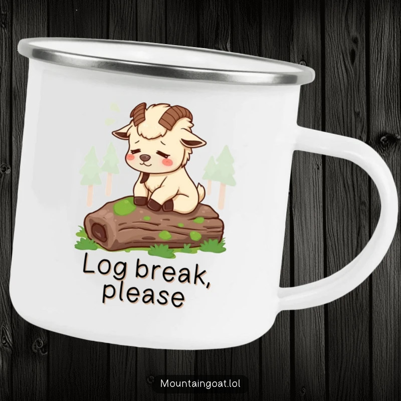 Funny tired mountain goat sighing contentedly on a mossy log, perfect for a relaxing moment on a durable camping mug.