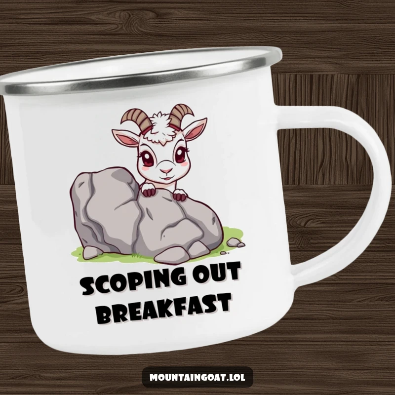 Funny Mountain Goat Camping Mug, peeking from behind a rock, enamel, rugged and charming, perfect funny gift.