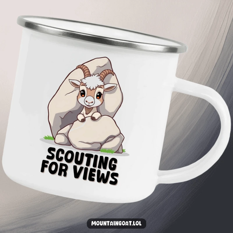 Funny Curious Goat Camping Mug: A durable camping mug showcasing a curious mountain goat peeking from behind a large rock.