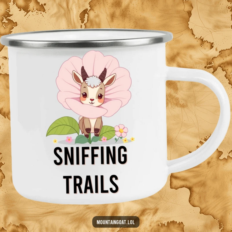 Funny mountain goat peeking out from behind a giant blooming flower, on a sturdy camping mug for outdoor enjoyment.