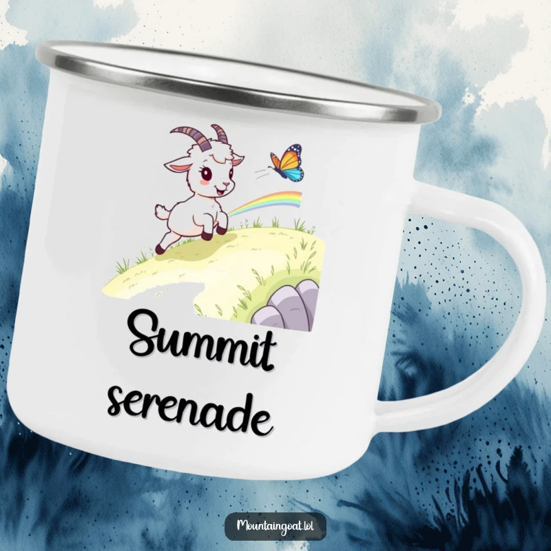 Funny mountain goat camp mug, a goat chasing a rainbow butterfly, ready for outdoor adventures and cheerful moments.