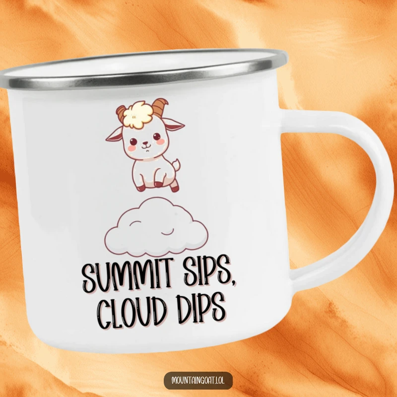 Funny kawaii mountain goat in a playful leap over a cloud, designed for outdoor adventures on a camping mug.