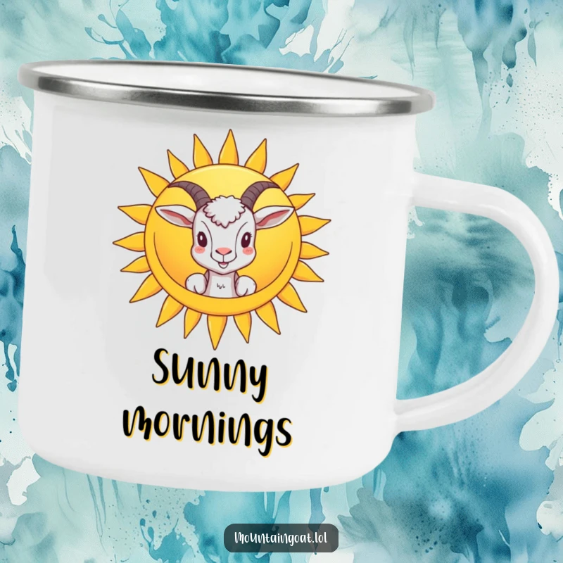 Funny and sturdy camping mug with a goat peeking from behind a smiling sun, perfect for enjoying drinks outdoors with cheer.