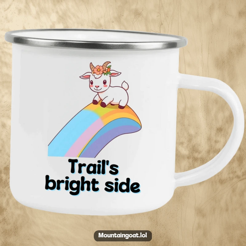Funny goat with a flower crown sliding down a rainbow slope on a camping mug, bringing cheerful vibes to outdoor beverages.',