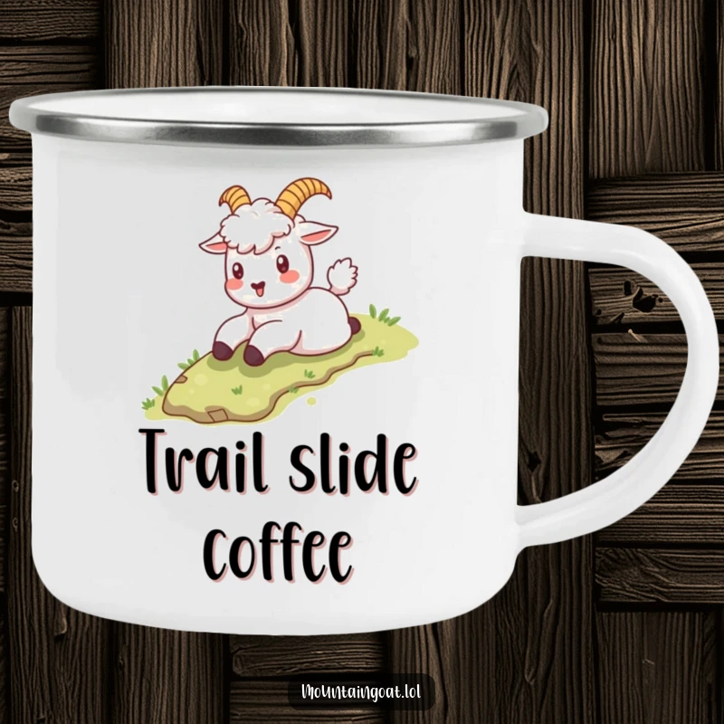 Funny kawaii mountain goat sliding down a slope, ready for adventure on this durable camping mug.