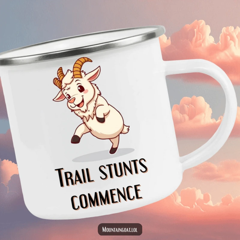 Funny camping mug featuring a grinning mountain goat hilariously attempting a clumsy somersault, perfect for outdoor trips and humor.