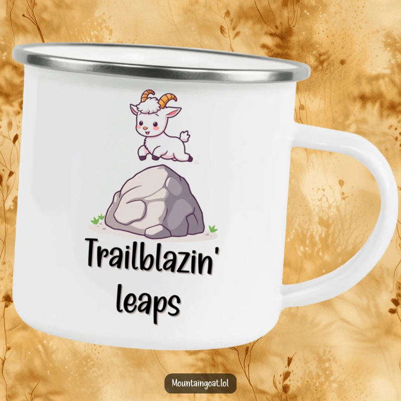 Funny kawaii mountain goat leaping with joy, ready for adventure, printed on a durable camping mug.