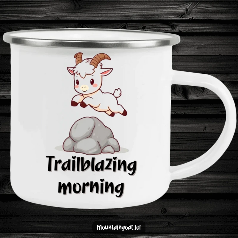 Funny kawaii mountain goat with tiny horns, leaping over a rock, durable and charming for outdoor use.