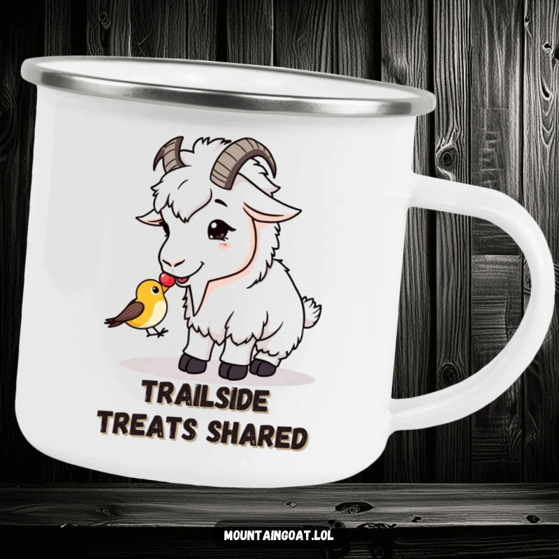 Funny Camping Mug: A mountain goat shares a berry with a small bird, perfect for outdoor acts of kindness.