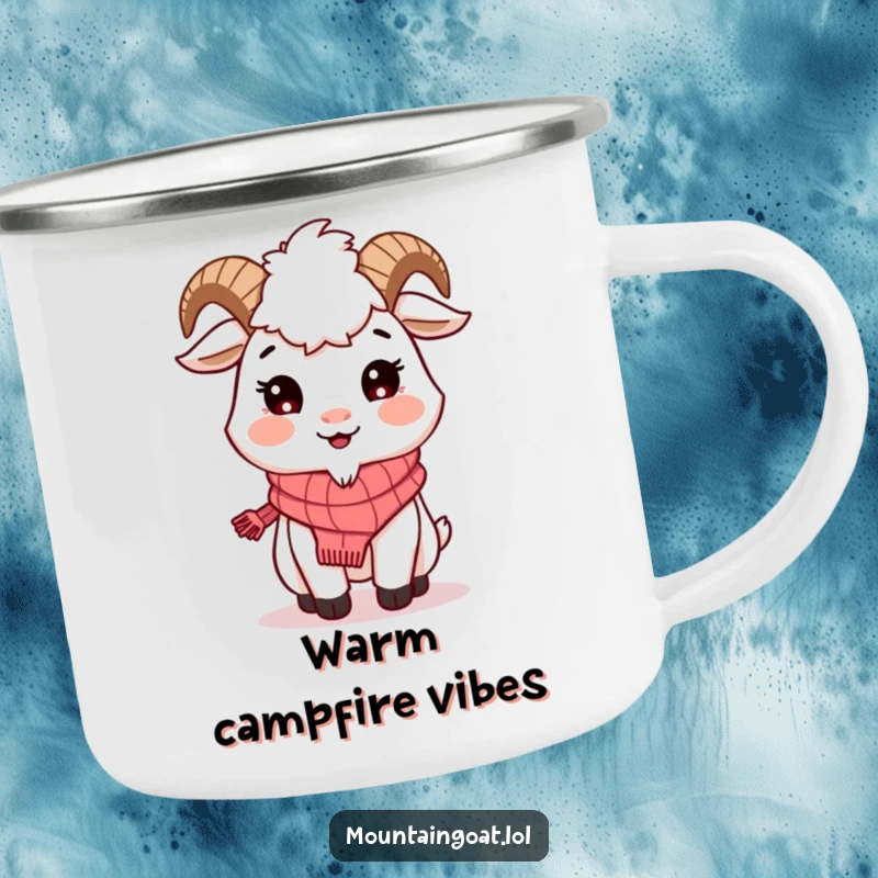 Funny Mountain Goat Scarf Camping Mug: A smiling goat in a scarf is ready for cozy outdoor adventures.