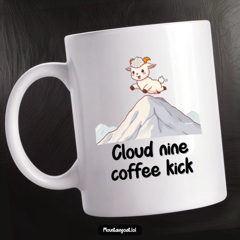 Funny kawaii mountain goat gleefully skipping with joy on soft, fluffy clouds high above the mountains, captured on a mug.