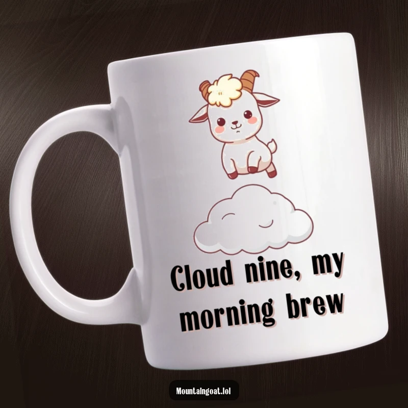 Funny kawaii mountain goat cheerfully leaping high over a fluffy white cloud, symbolizing joy and adventure on a mug.