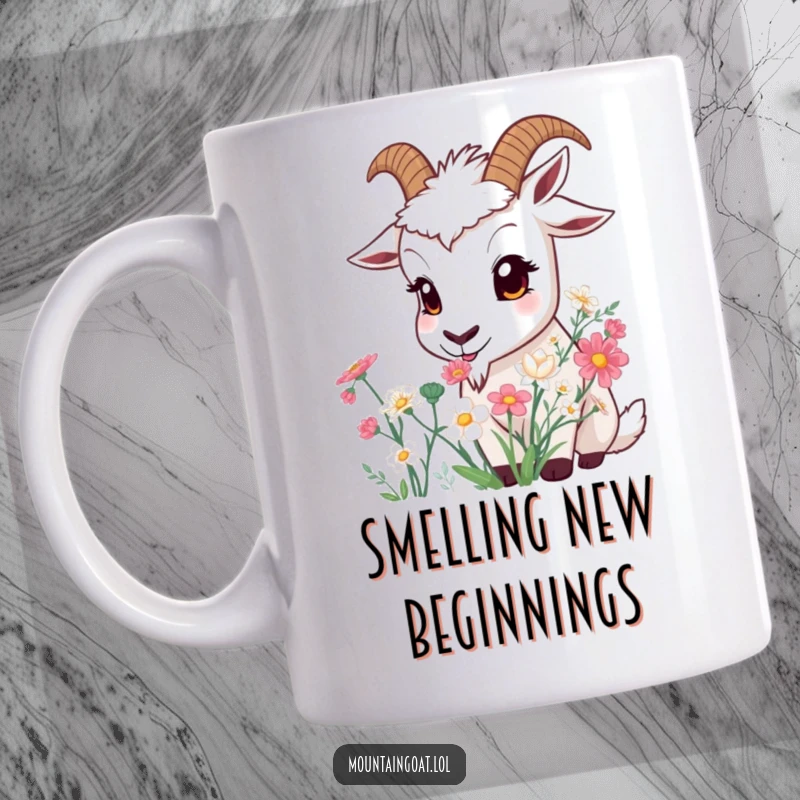Funny Curious Goat Mug: A goat with big eyes gently sniffs a colorful bouquet of mountain wildflowers.