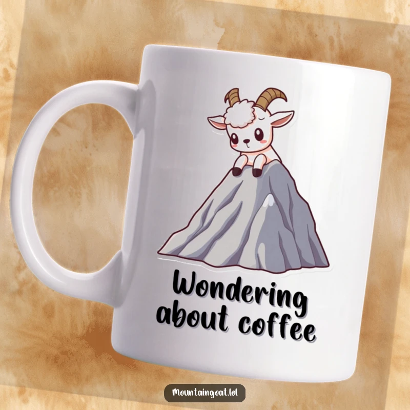 Funny Kawaii mountain goat mug featuring a curious goat peeking from a high peak, embodying a spirit of adventure and exploration.