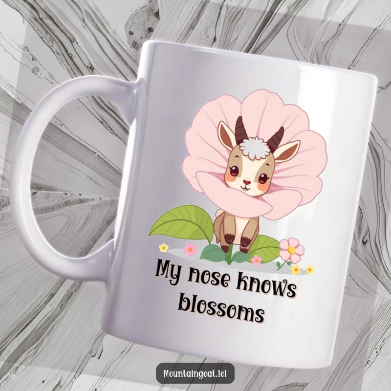 Funny mountain goat peeking curiously from behind a giant blooming flower, illustrated on a ceramic mug. Whimsical and delightful.