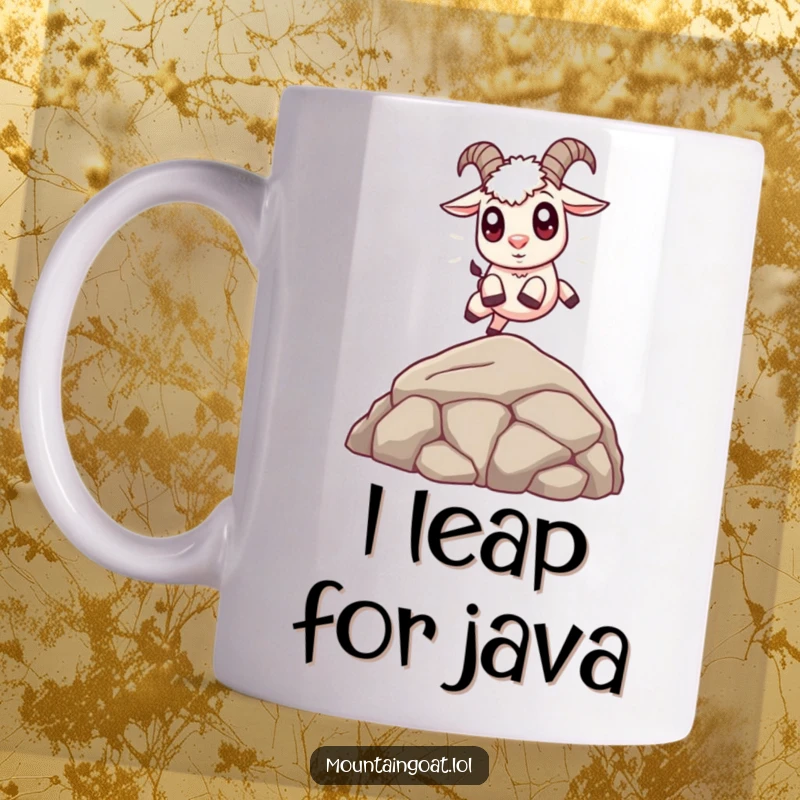 Funny Cute Goat Mug: An adorable mountain goat with large, expressive eyes joyfully leaping over a small rock.