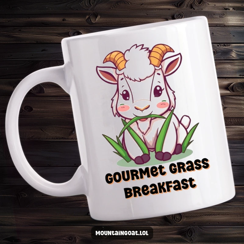 Funny mountain goat mug showing a character happily munching on stylized grass, symbolizing contentment and simple pleasures.