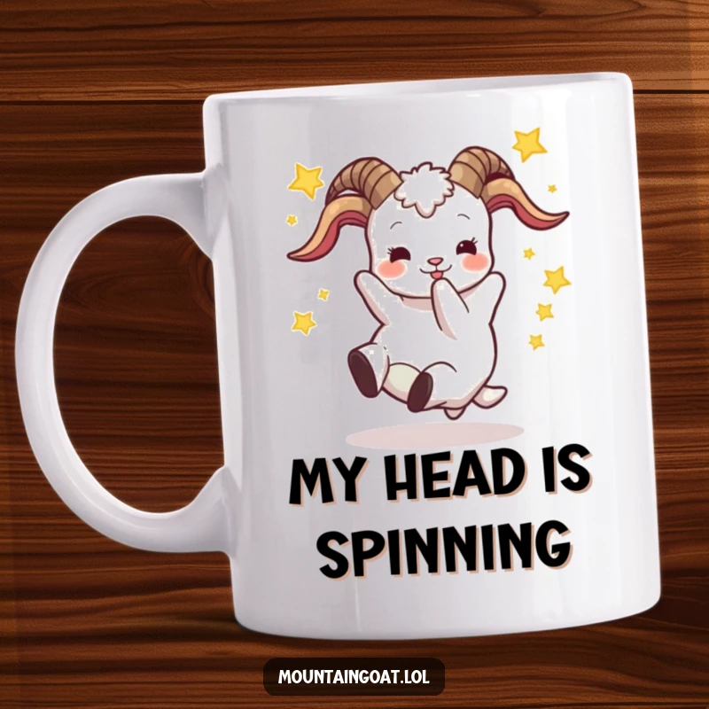 Funny mug showing a goat comically falling backward with stars swirling around its head, a perfect gift for anyone who loves a good laugh.